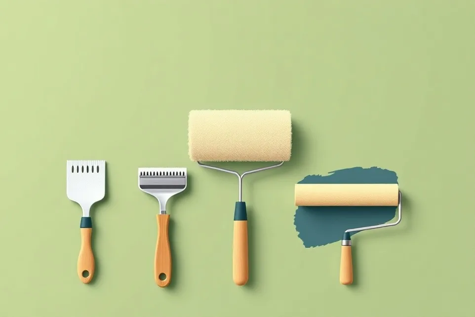 Outils de peinture disposés dans l'ordre des étapes du chantier