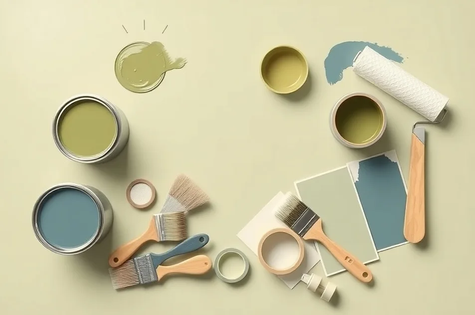 Pots de peinture, nuancier, brosses et rouleaux disposés à plat