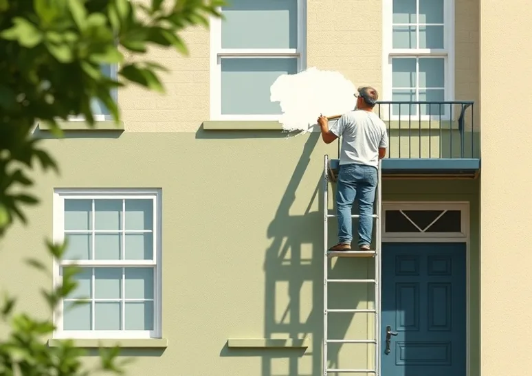 Peintre sur échafaudage traitant la façade d'une maison