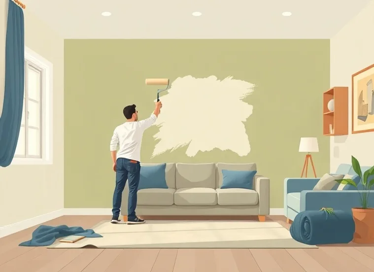Peintre appliquant la peinture au rouleau sur un mur de salon